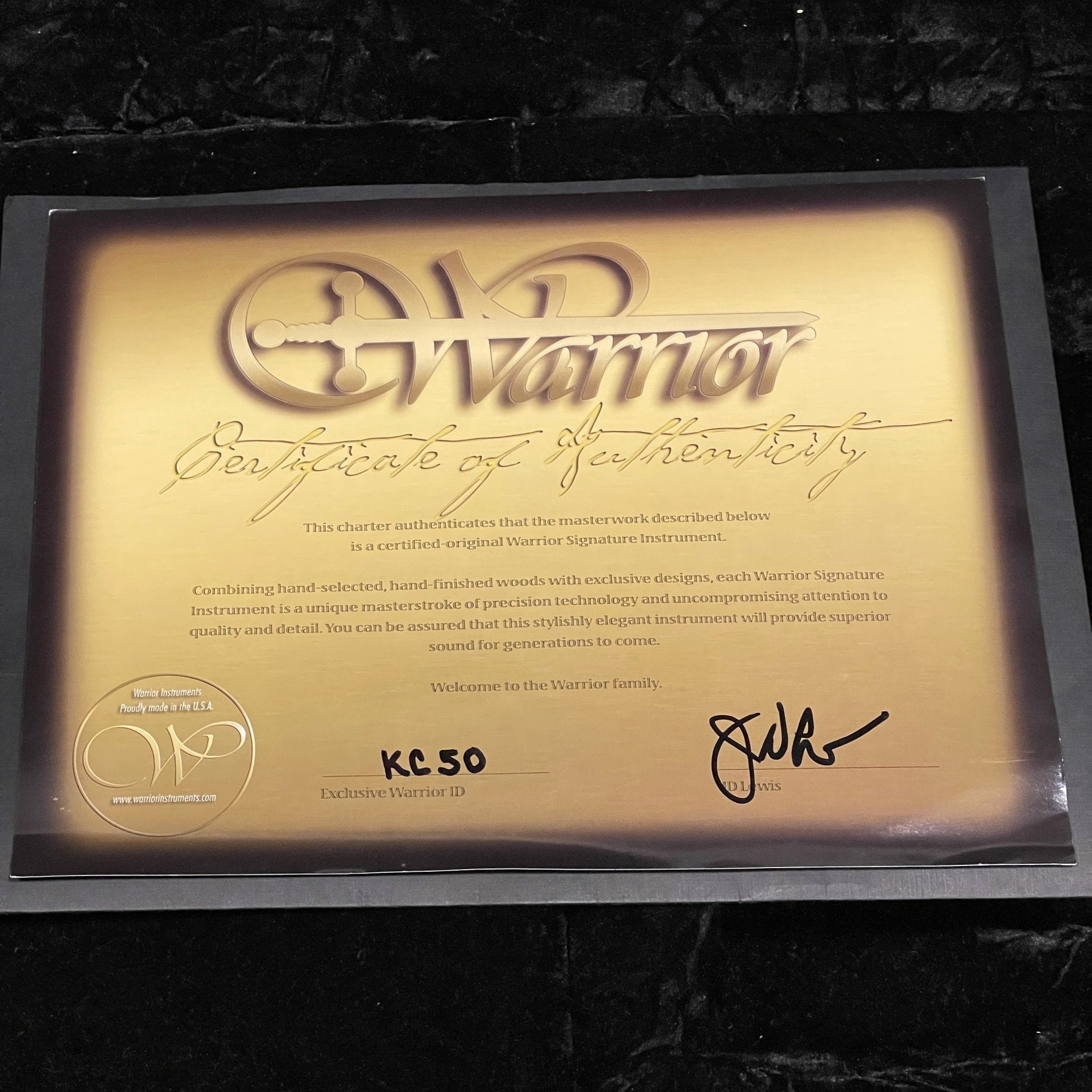 Warrior Instruments KC-50 Certificate of Authenticity gold foil document signed by J.D. Lewis